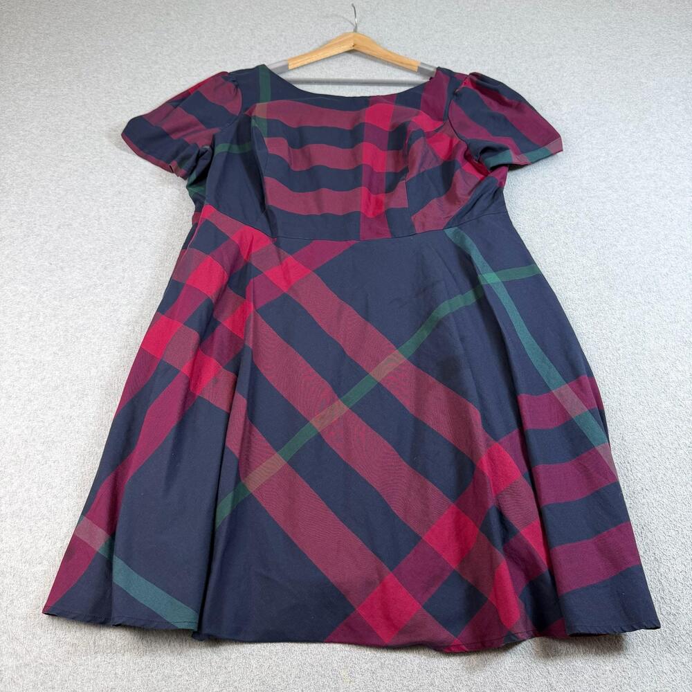 ModCloth Dress Women 26 Blue Plaid Fit Flare Short Puff Sleeve Lined Heritage